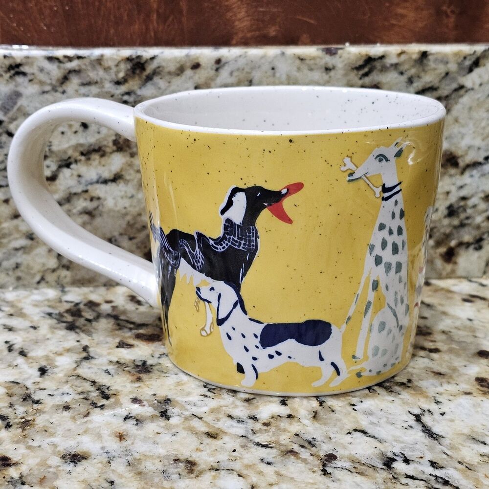 Anthropologie Yellow Pet Shop Dogs Coffee Tea Mug Cup Stoneware